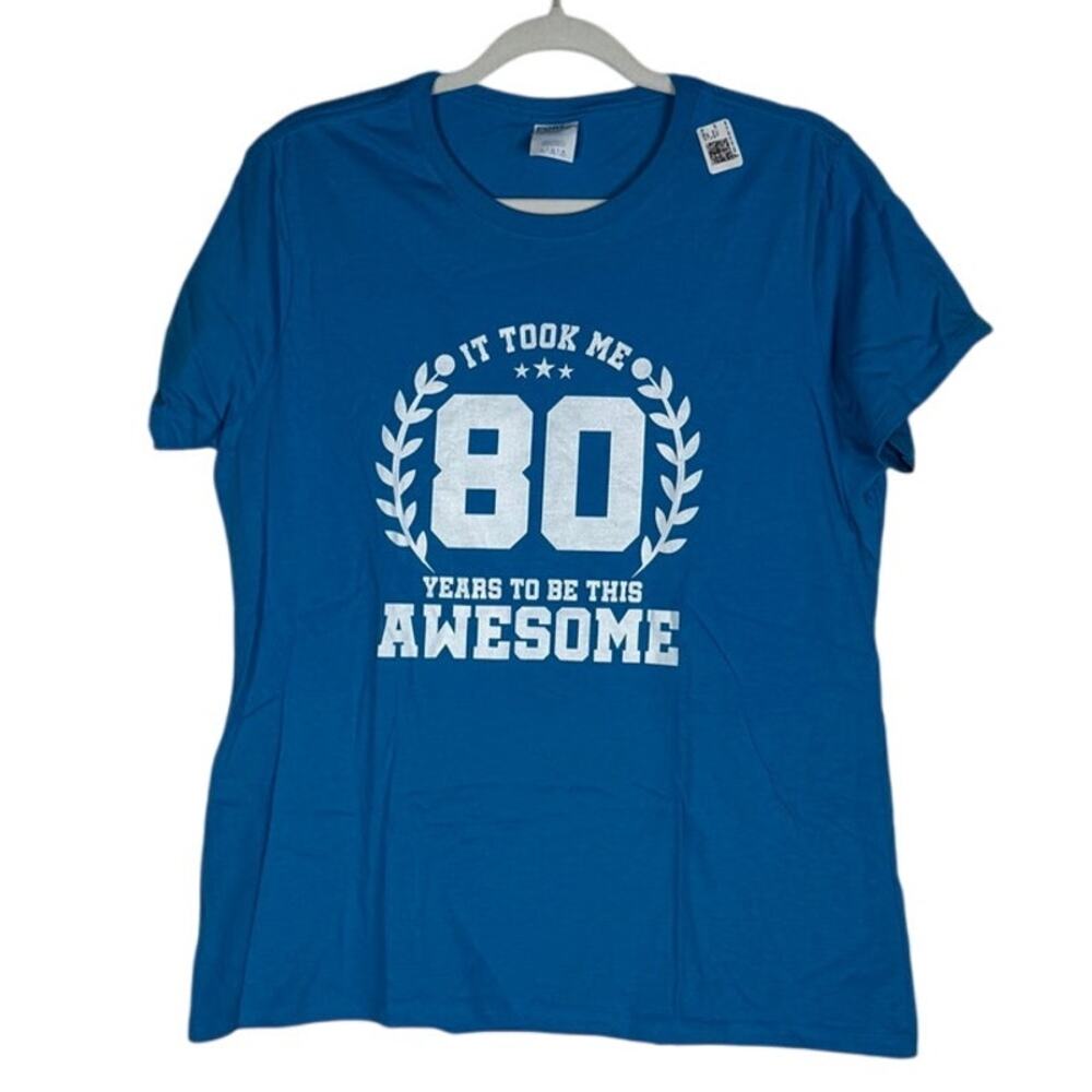 NWT Women's Happy 80th Birthday Short Sleeve Blue T-Shirt Party Celebration L